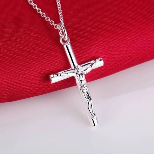 Italian Sterling Silver Jesus Cross Necklace With 18" Italian Chain Image 3