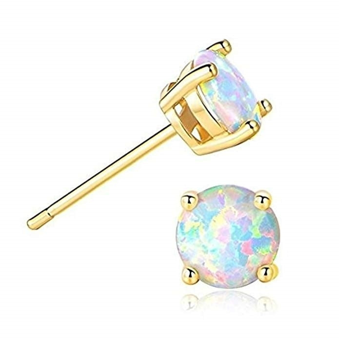 18K Gold Plated Solid Sterling Silver 6mm Round White Opal Stud Earrings For Women Image 1