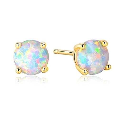 18K Gold Plated Solid Sterling Silver 6mm Round White Opal Stud Earrings For Women Image 2