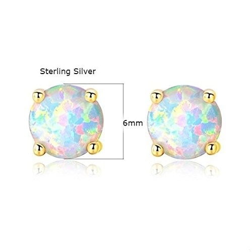 18K Gold Plated Solid Sterling Silver 6mm Round White Opal Stud Earrings For Women Image 3