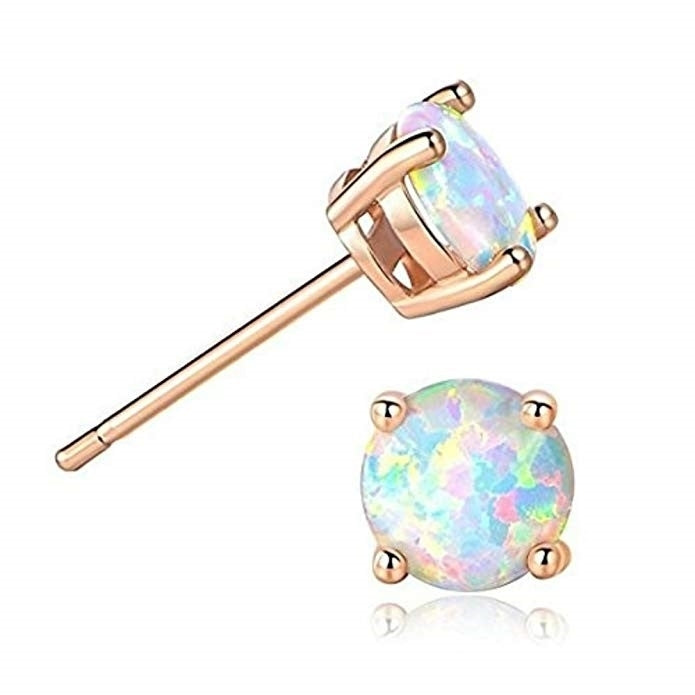 18K Rose Gold Plated Solid Sterling Silver 6mm Round White Opal Stud Earrings For Women Image 1
