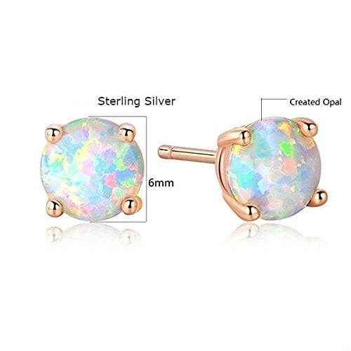 18K Rose Gold Plated Solid Sterling Silver 6mm Round White Opal Stud Earrings For Women Image 3