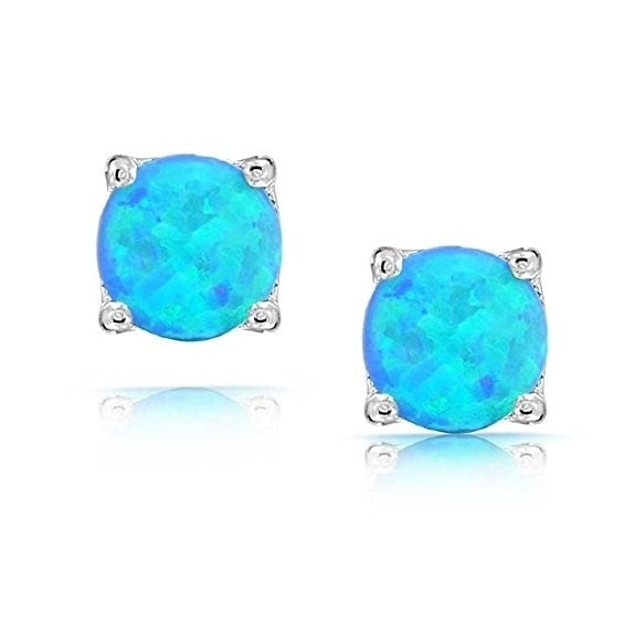 Sterling Silver 6mm Round Created Blue Opal Stud Earrings For Women Image 3