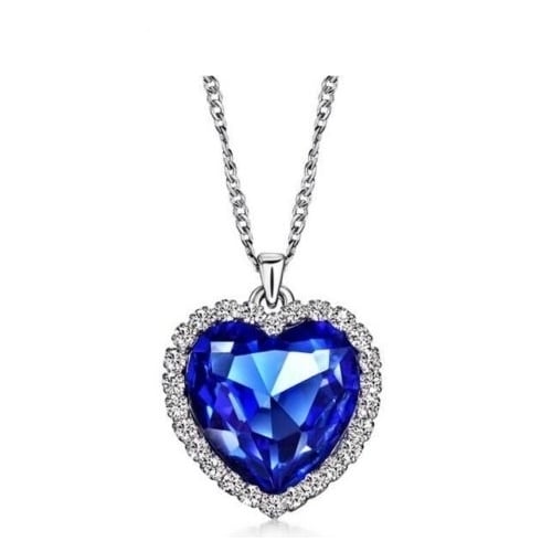 14K Gold Plating Over Titanic Heart Shape Blue Sapphire and Halo Pendant Necklace Image 1