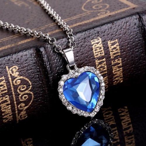 14K Gold Plating Over Titanic Heart Shape Blue Sapphire and Halo Pendant Necklace Image 2