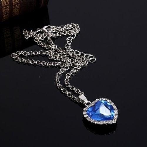 14K Gold Plating Over Titanic Heart Shape Blue Sapphire and Halo Pendant Necklace Image 3