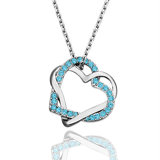 18K White Gold Plated Light Blue Double Hearts Necklace Image 1