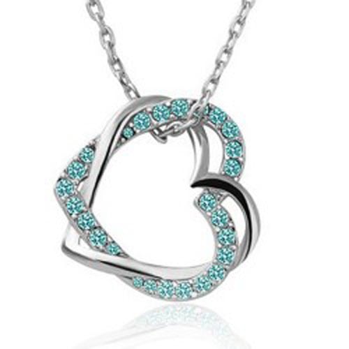 18K White Gold Plated Light Blue Double Hearts Necklace Image 2