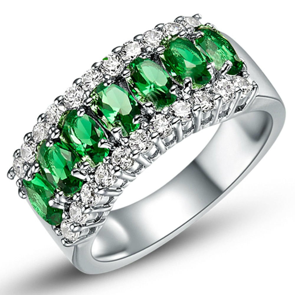 Rhodium Plated 2ct TGW Oval-cut Emerald and Cubic Zirconia Ring Image 1