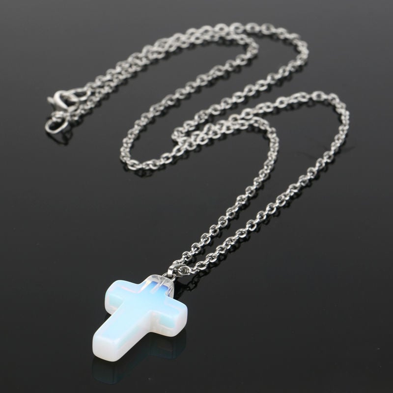 Lab Created Opal Light Cross Pendant Necklace Opalite Cross Necklace Image 2
