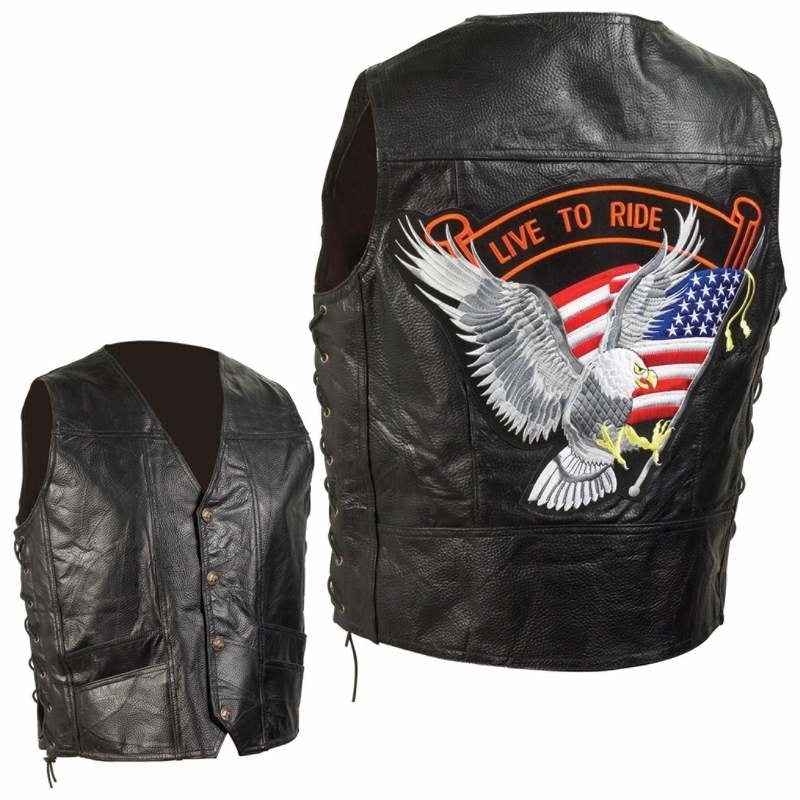 Hand-Sewn Pebble Grain Genuine Leather Biker Vest Image 1