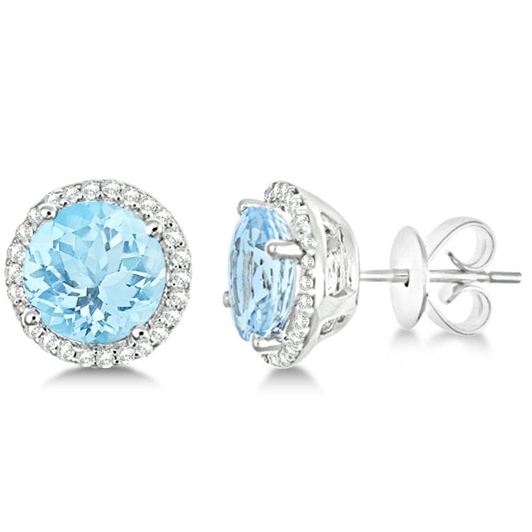 Blue Halo Stud With Detailed Sides In White Gold Plating Earrings Image 1