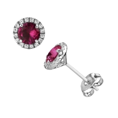 Red Ruby Halo Stud With Detailed Sides In White Gold Plating Earrings Image 1