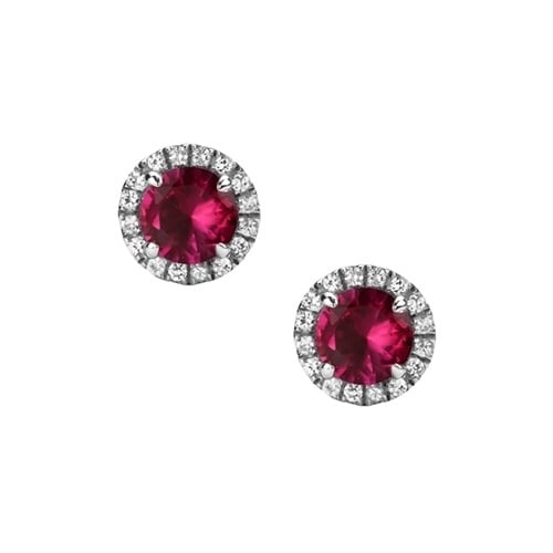 Red Ruby Halo Stud With Detailed Sides In White Gold Plating Earrings Image 2