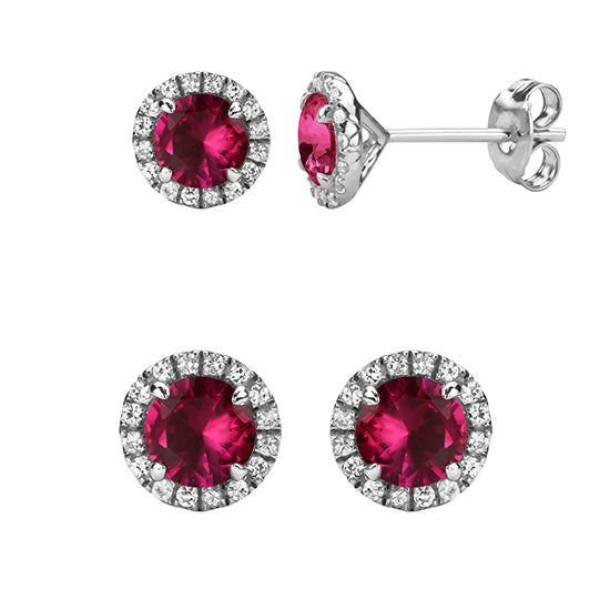 Red Ruby Halo Stud With Detailed Sides In White Gold Plating Earrings Image 3