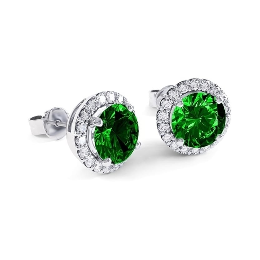 Green Emerald Halo Stud Earrings White Gold Plated Detailed Sides Pushback Image 1