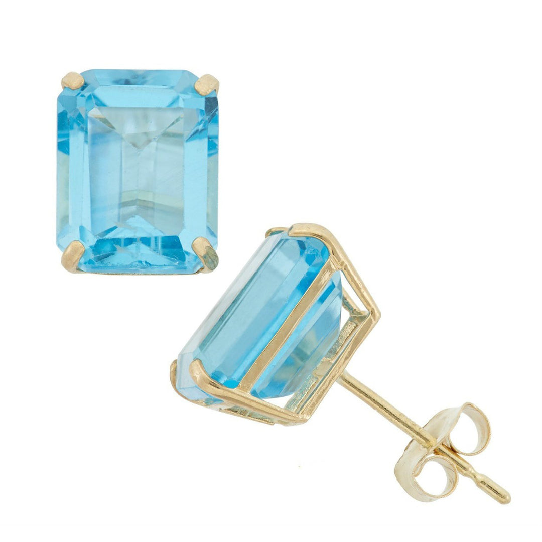 18kt Gold Plated Lab Created Emerald-Cut Oval Swiss Blue Topaz Studs 7x9mm Image 1