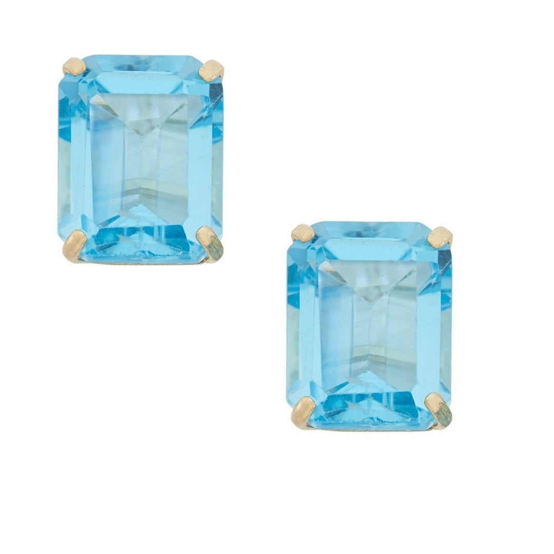 18kt Gold Plated Lab Created Emerald-Cut Oval Swiss Blue Topaz Studs 7x9mm Image 2