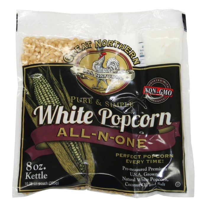 Great Northern Popcorn White Popcorn 8 oz 24 Pack All in One Pack Oil and Salt Image 1