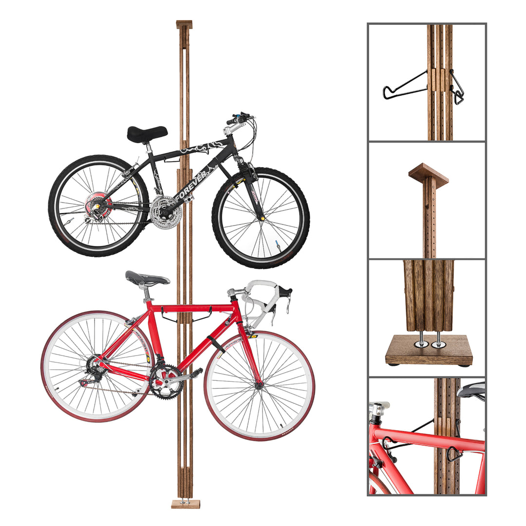 Woody Bike Stand Wooden Bicycle Rack Holds 2 Bikes Adjustable 7-10 ft Storage Image 4