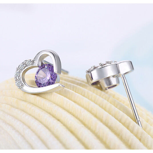 Sterling Silver CZ Heart Earring Studs Purple CZ Studs Love Image 1