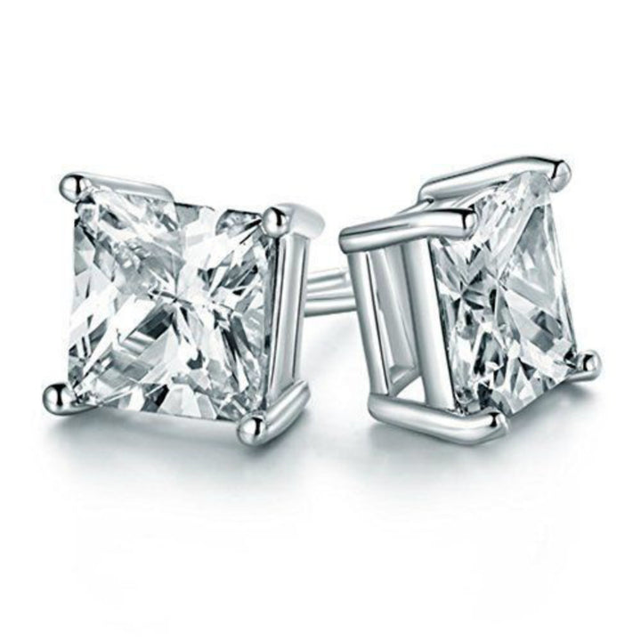 18K White Gold Plated Princess Cut 6mm CZ Stud Earrings Image 1