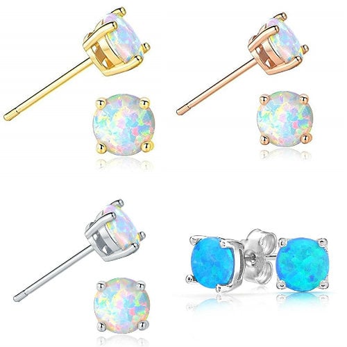 Opal Stud Earrings Sterling Silver Fire Opal 925 Jewelry Round Opal Earrings Image 1