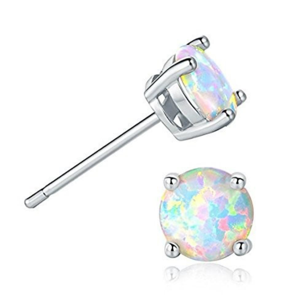 Opal Stud Earrings Sterling Silver Fire Opal 925 Jewelry Round Opal Earrings Image 2
