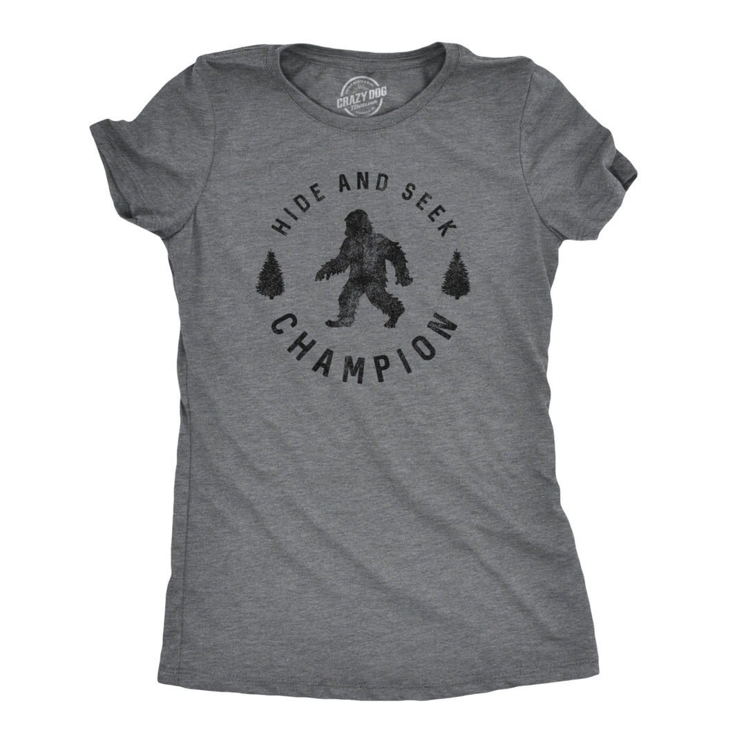 Womens Hide And Seek Champion T shirt Funny Bigfoot Sasquatch Vintage Graphic Image 1