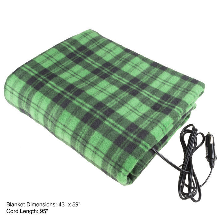 Electric Plaid Heated Car Blanket 12V Green 43x59 Fleece LED Indicator Image 2