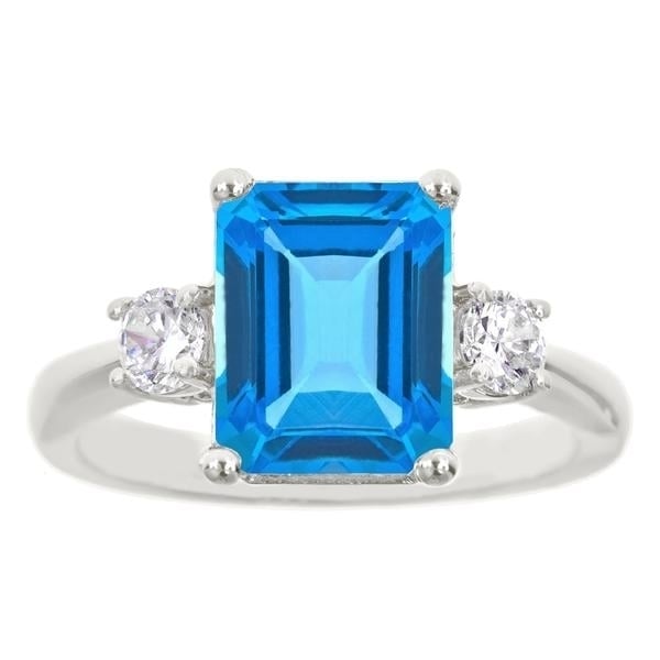 18K White Gold Plated Princess Cut Blue Topaz CZ Ring Image 1