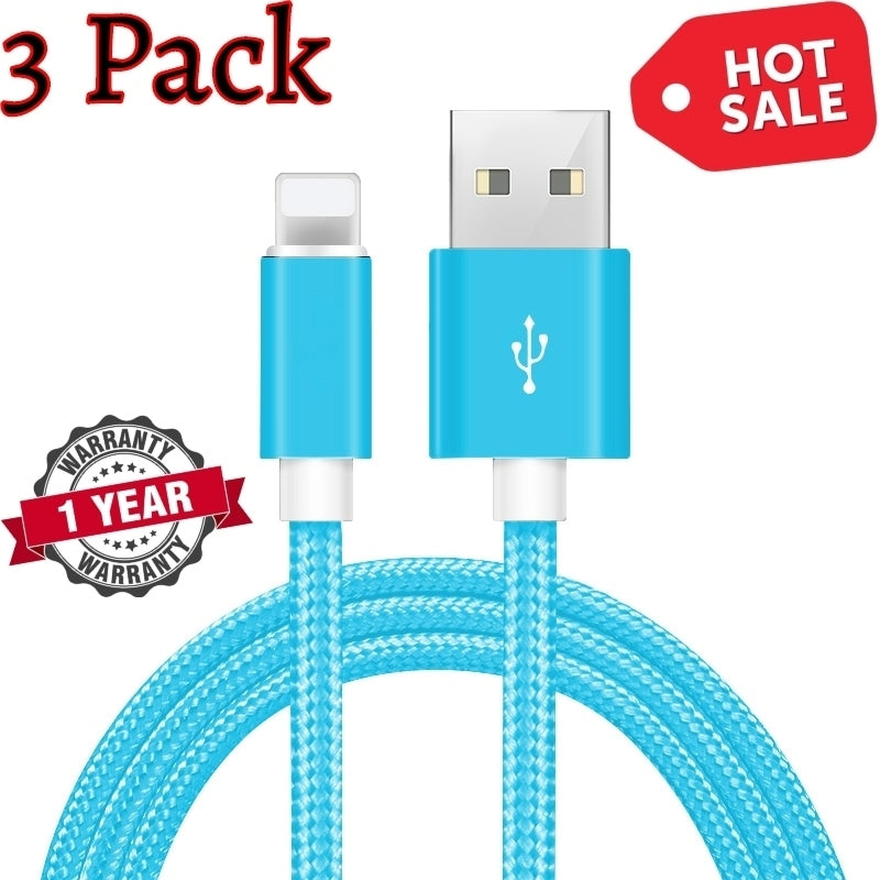 10FT iPhone Charging Cables 3 Pack Nylon Braided Blue Fast Charge Cable Set Image 1