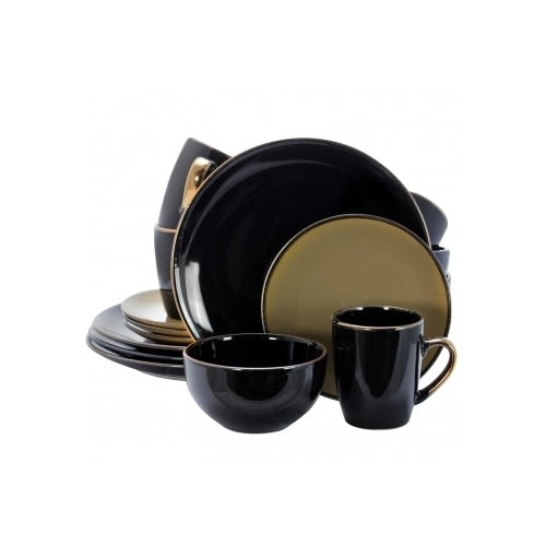 Elama Cambridge Grand 16-Piece Dinnerware Set in Luxurious Black and Warm Taupe with Complete Setting for 4 Image 1