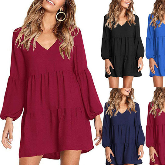 V Neck Lantern Sleeve Mini Dress Image 1