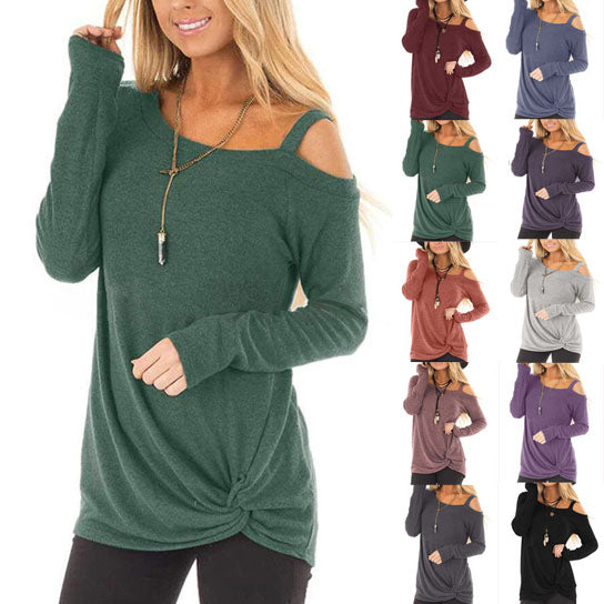 Single Cold Shoulder Twist Long Sleeve Shirt Top Image 1