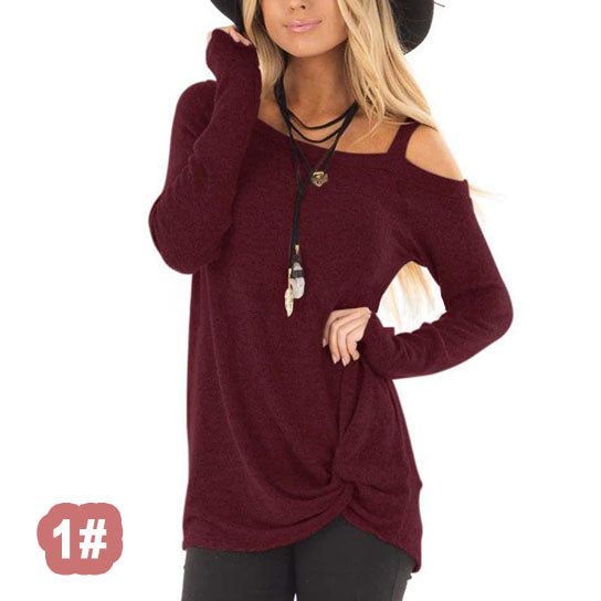 Single Cold Shoulder Twist Long Sleeve Shirt Top Image 2