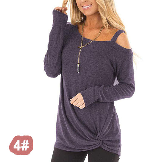 Single Cold Shoulder Twist Long Sleeve Shirt Top Image 4