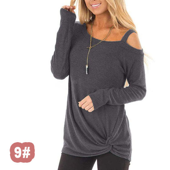 Single Cold Shoulder Twist Long Sleeve Shirt Top Image 10