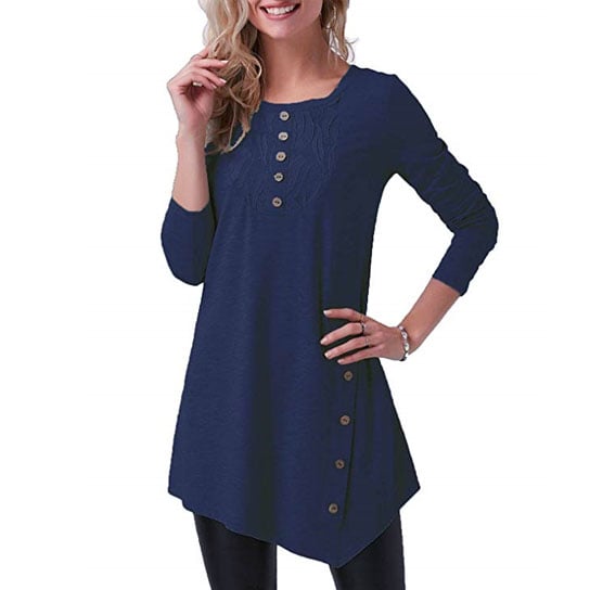 Button Deco Long Sleeve Shirt Irregular Hem Image 1