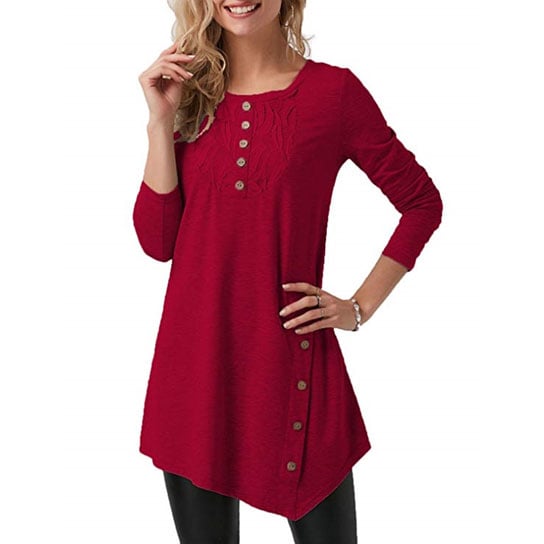 Button Deco Long Sleeve Shirt Irregular Hem Image 2