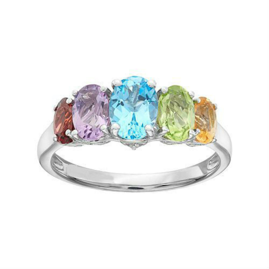 18K White Gold Plated Multi Colored Stone 5 Prong Multi Colored Stone Ring Image 1