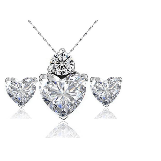 Rhodium Filled High Polish Finsh with Sterling Silver Elegant Crystal CZ Heart Necklace 14kt White Gold Heart Set Image 1