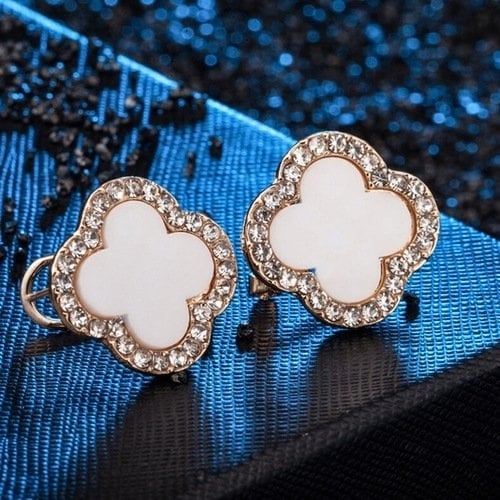 18K Gold Filled High Polish Finsh Four Leaf White Clip on Earrings Image 1