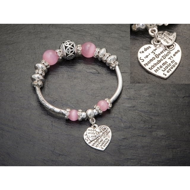 Silver Filled High Polish Finsh Pink Bead Austrain Crystal Heart Charm Bracelet Image 1