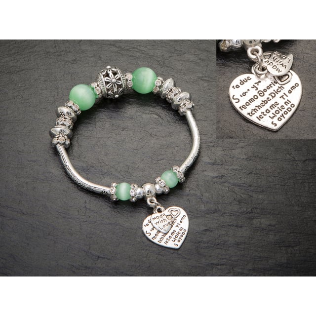 Silver Filled High Polish Finsh Jade Bead Austrain Crystal Heart Charm Bracelet Image 1