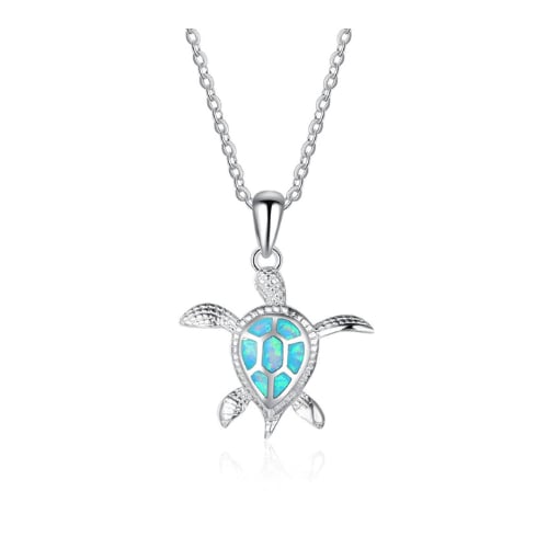 Rhodium Filled High Polish Finsh Lab-Created Opal Turtle Pendant Necklace Image 1