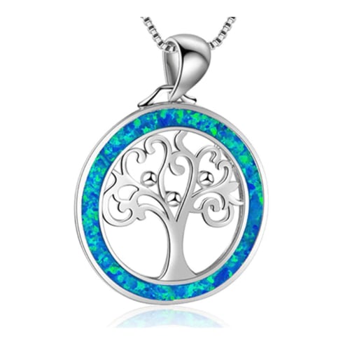 Rhodium Filled High Polish Finsh Lab-Created Opal Tree Of Life Pendant Necklace Image 1