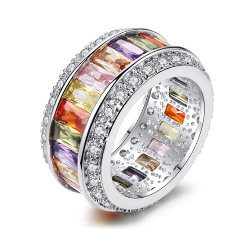 White Rhodium Filled High Polish Finsh Multi-Color Princess-Cut Cubic Zirconia Wide Band Ring Image 1