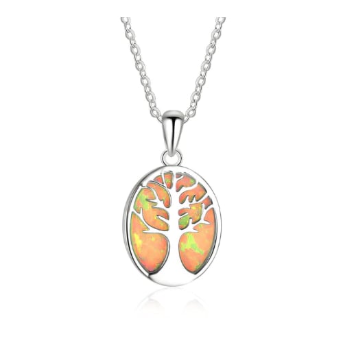 White Gold Filled High Polish Finsh Fire Opal Tree Of Life Pendant Necklace Image 1