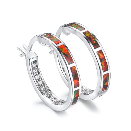 White Gold Filled High Polish Finsh Red Crystal Hoop Earrings Image 1